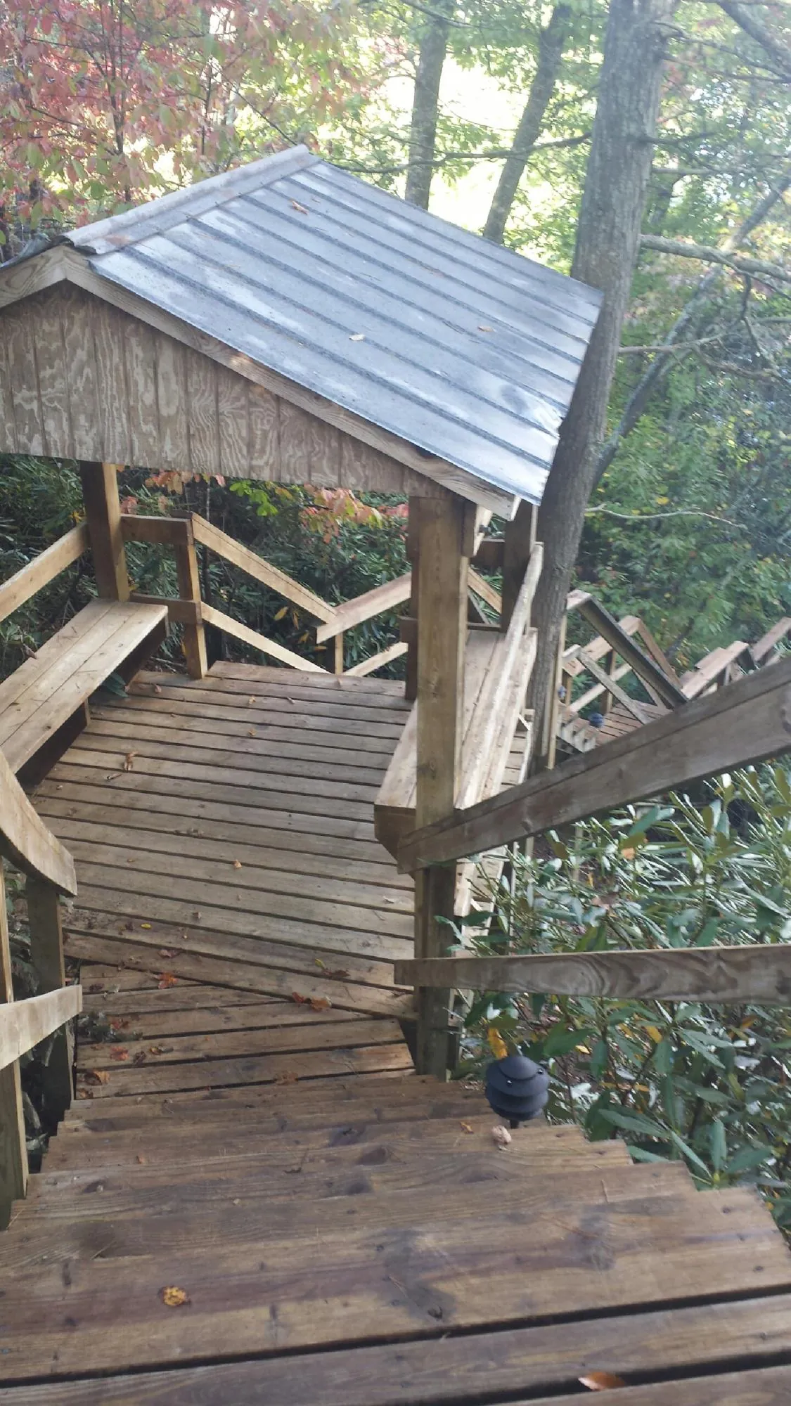 Metal roofed shelter over wooden steps on a wooded walkway — Skylight Repair & Installation work by our crew in Roanoke Rapids